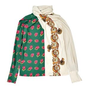 TOGA Japan Cream White & Green Floral & Paisley Print High Neck Long Sleeve Top